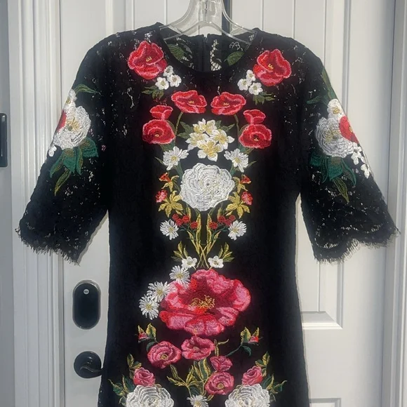 Embroidered Flowers Lace Luxury 3/4 Sleeve Midi Black lined Dress Back and front